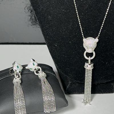Jaguar Silver Tassel Lariat Necklace With Earrings