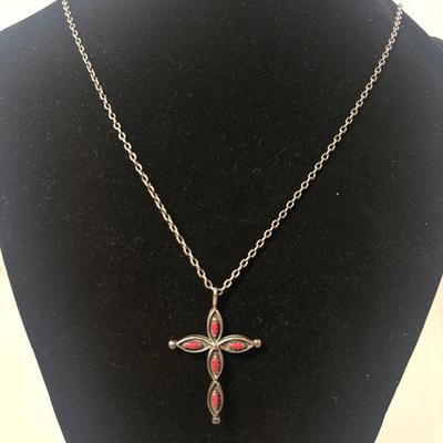 Vintage Native American Sterling, Turquoise & Coral Double Sided Cross Pendant