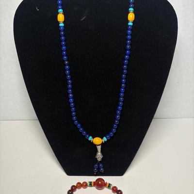 Buddhist Mala Lapis Lazuli Necklace & Manyra Mani Padme Bracelet 