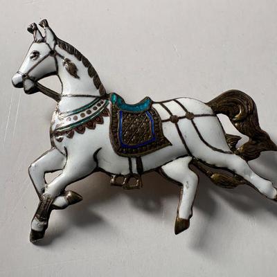 Vintage Siam Sterling & Enamel White Horse Brooch