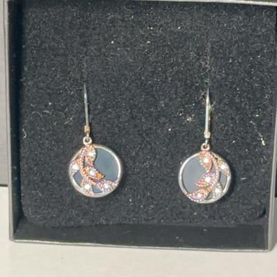 Crystal & Blackstone Sterling Circle Leaf Earrings 