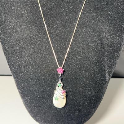 Pearlized Stone & Gemstone Silver Necklace