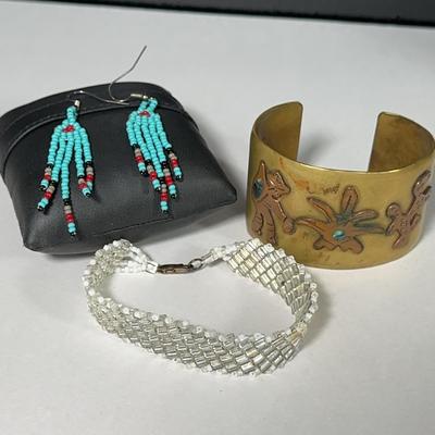 Brass Mexican Folk Cuff & Beaded Jewelry