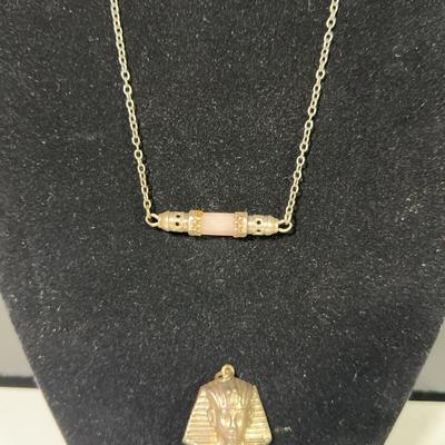 King Tut Pendant & Pink Stone Bar Sterling Necklace
