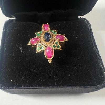 14k Yellow Gold Ring W/Ruby, Sapphire & Emerald Stones