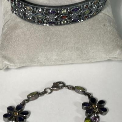 Jeweled Sterling Cuff & Chain Floral Bracelets
