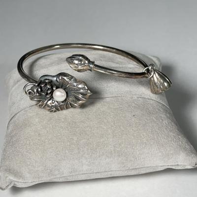 Lotus Flower With Pearl Silver Bangle Bracelet & Charm