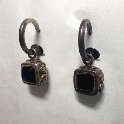 Sterling 925 Onyx Multi-Stone Filigree Reversible Charm Hoop Earrings