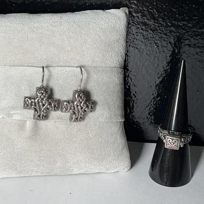 Prayer Box Ring & Cross Earrings Sterling Silver