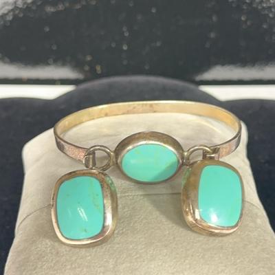 Mexico Silver Bracelet & Earrings With Turquoise Stones