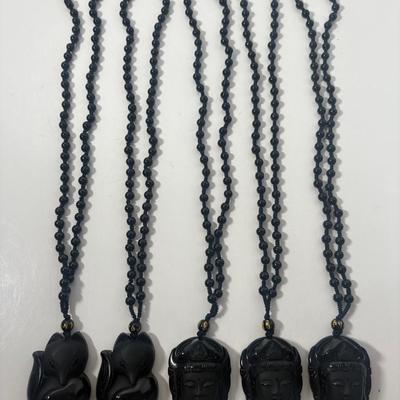 Natural Black Obsidian Fox & Buddha Amulet Necklaces W/Bead Chain