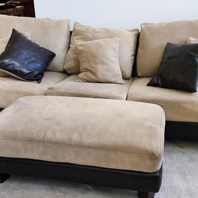 Three Seat Faux Leather & Suede Sofa W/ Ottoman And Accent Pillows