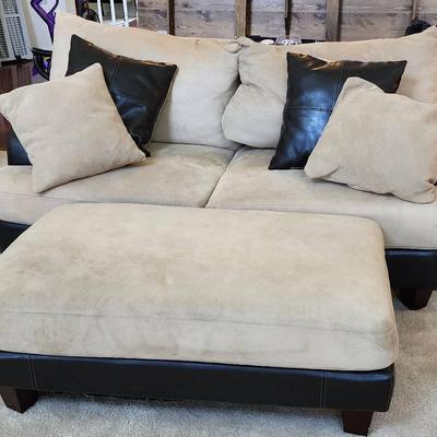 Two Seat Faux Leather & Suede Sofa W/ Ottoman And Accent Pillows