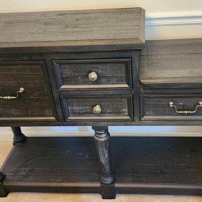 Two Matching Dark Wooden Magnussen Home Buffet Tables - Distressed/Rustic