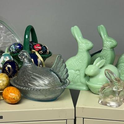 Easter Decor: Jadeite Look Hallmark Bunnies, Hen On Nest, Painted Eggs, & Trinket Boxes 