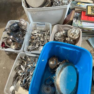 Huge Silver Plate Serving Ware & Flatware Collection - Six Bins Full!
