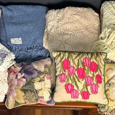 Hand Crocheted, Knit And Woven Coverlet & Throws, Embroidered Pillows
