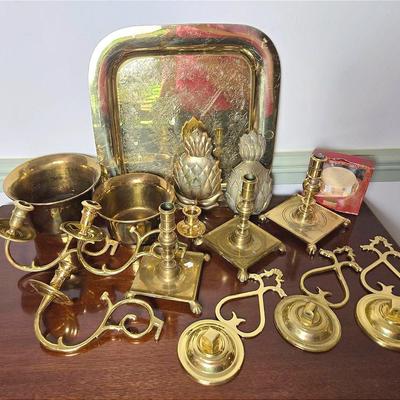Brass Candlesconces, Candlesticks, Tray, Cache Pots, More