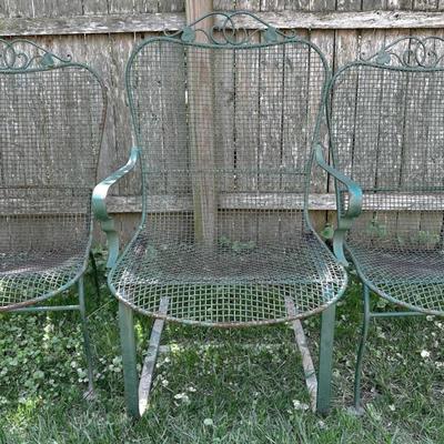 Wrought Iron & Metal Mesh Chairs: Rocker 24x30x38”, 2 Chairs 22x30x35”