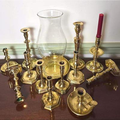 Brass Candlesticks And Glass Hurricane - 3.25" to 11.25" 