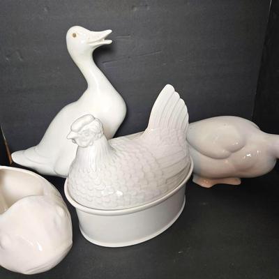 White Animal Ceramics: Geese Figures, Fish Planter & Hen On Nest Casserole
