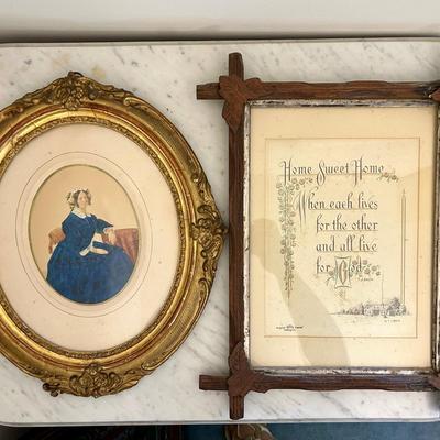Antique Hand Colored Photograph In Ornate Oval Frame, Plus Framed Saying