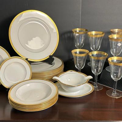 Tirschenreuth “Laurel” Gold Rimmed China, Plus Tiffin Style Gold Rimmed Goblets