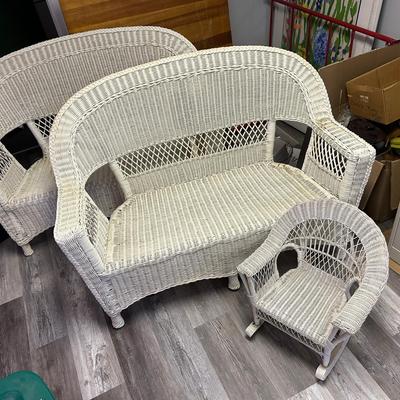 Vintage White Wicker Loveseats (Set Of Two, 53x28x38") & Children’s Rocking Chair