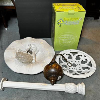 Unused Cast Iron Bird Bath 18x32” & New Hawaiian Wooden Bird Feeder, Bird House