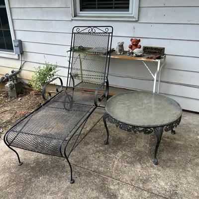 Wrought Iron Chaise 26x54x44” & Metal Cocktail Table With Glass Top 30x16” 