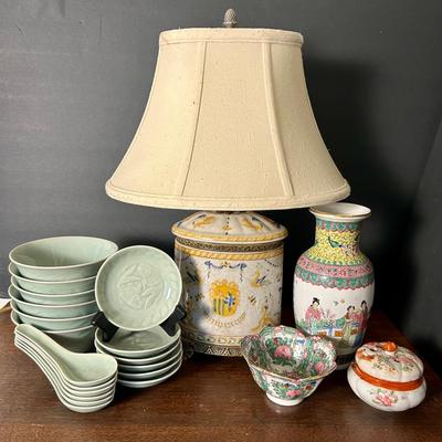 Asian Ceramic Lamp 17”h, Famille Rose Vase, Bowl, Celadon Green Soup Bowls With Spoons, More