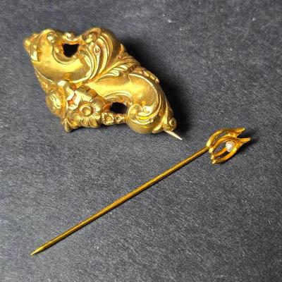 14K Gold (Tested) Vintage Nouveax Style Brooch & Wishbone Stick Pin