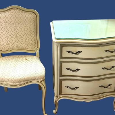 Vintage Drexel Hollywood Regency French Provincial 3-Drawer Nightstand & Chair, 24x18x32 & 18x18x36"
