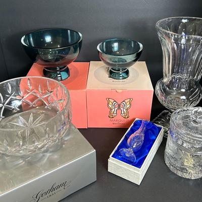 Crystal including in Box Waterford Marquis Bowls (2), Royal Doulton Bud Vase; Gorham Bowl 