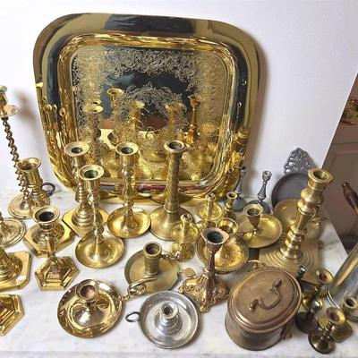 Brass & Pewter: Candlesticks (2.5" to 10.5" ), Tray and More 