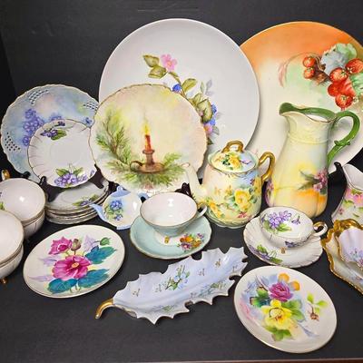 Hand Painted Floral Porcelain:Tea Pot, Tea Cups, Platters, More
