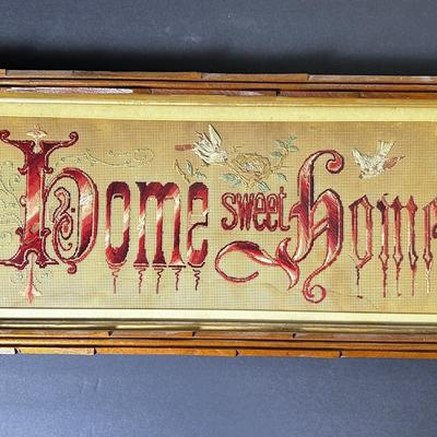Victorian Needlepoint Motto Sampler – “Home Sweet Home” Framed 26x14"