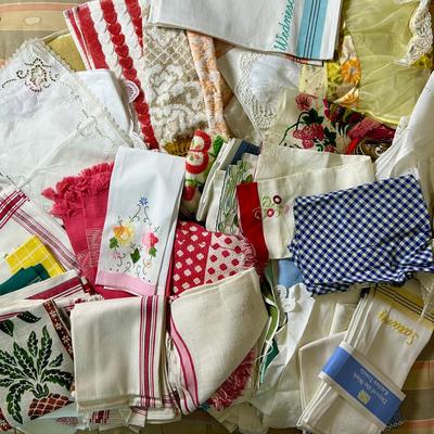 Vintage Linens -Hand Towels, Dish Towels, Aprons, Doilies - Lot 3