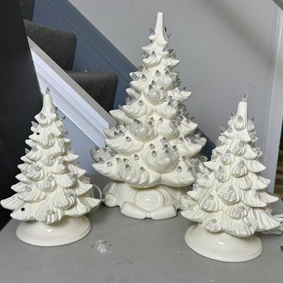 White Lighted Ceramic Christmas Trees (3) - 15.5” & 10”