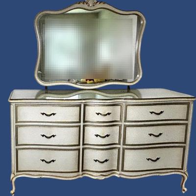 Vintage Drexel French Provincial Off-White Dresser with Mirror – 9-Drawer, 64"x24"x74"