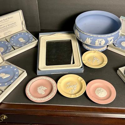 Wedgwood Jasperware In Pink, Yellow & Pale Blue: Pedestal Bowl 9” Diameter, Frame, Dishes