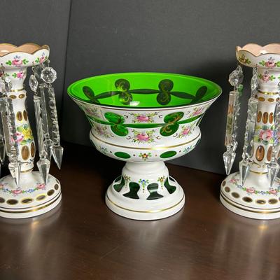 Bohemian Overlay Glass Pedestal Bowl 7”h & Lustre Candleholder Pair 8.5”h