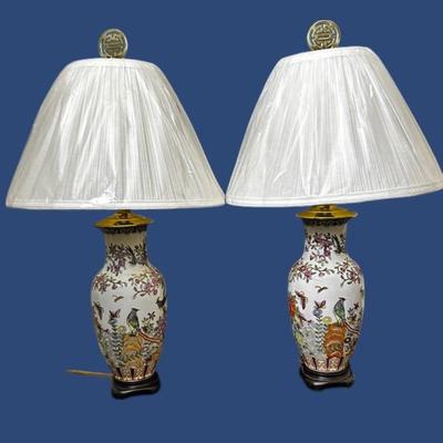 Vintage Chinese Chinoiserie Peacock Lamps – Set of 2, 24" With Shades, Tested
