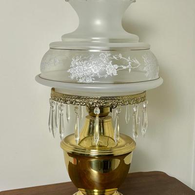 Brass & Glass Hurricane Lamp With Prisms 27”h