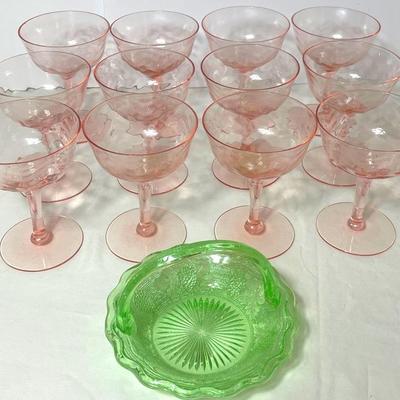 Pink Depression Glasses & Green Depression Glass Basket 