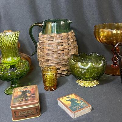 Vintage Green Glass Wicker & Vintage Colored And Textured Glass