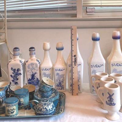2 Delft Liquor Bottles And Vintage Vandermint Liquor Bottles With Coffee Mugs, And Mini Kitchen Set