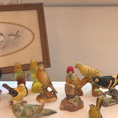 Charming Bird Figurines, And Framed Picture With Cardinal Light