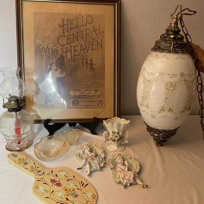 MCM Swag Hanging Lamp. With Vintage Japan Wall Plaques.