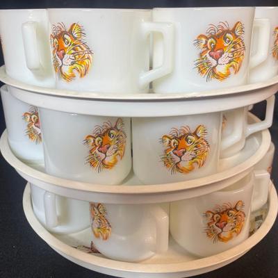 Vintage milk glass Fire King Tony, the Tiger mugs with trays
